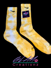 Load image into Gallery viewer, Glam (Inspired) Merch™ - Yellow &amp; White Tie-Dye Nike Socks
